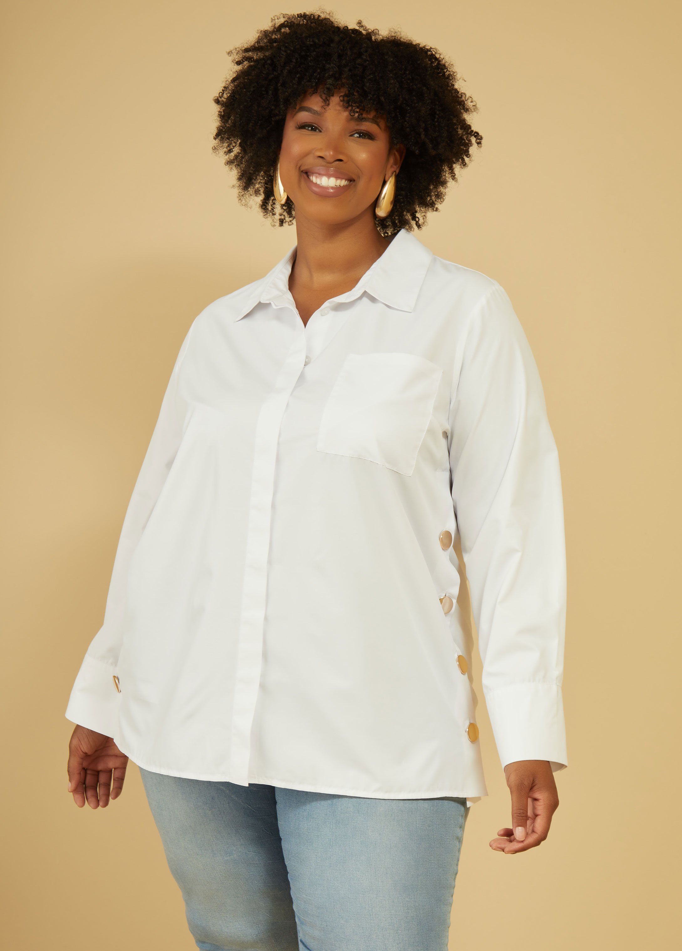 Plus Size Button Detailed Collared Shirt, WHITE, 18 - Ashley Stewart