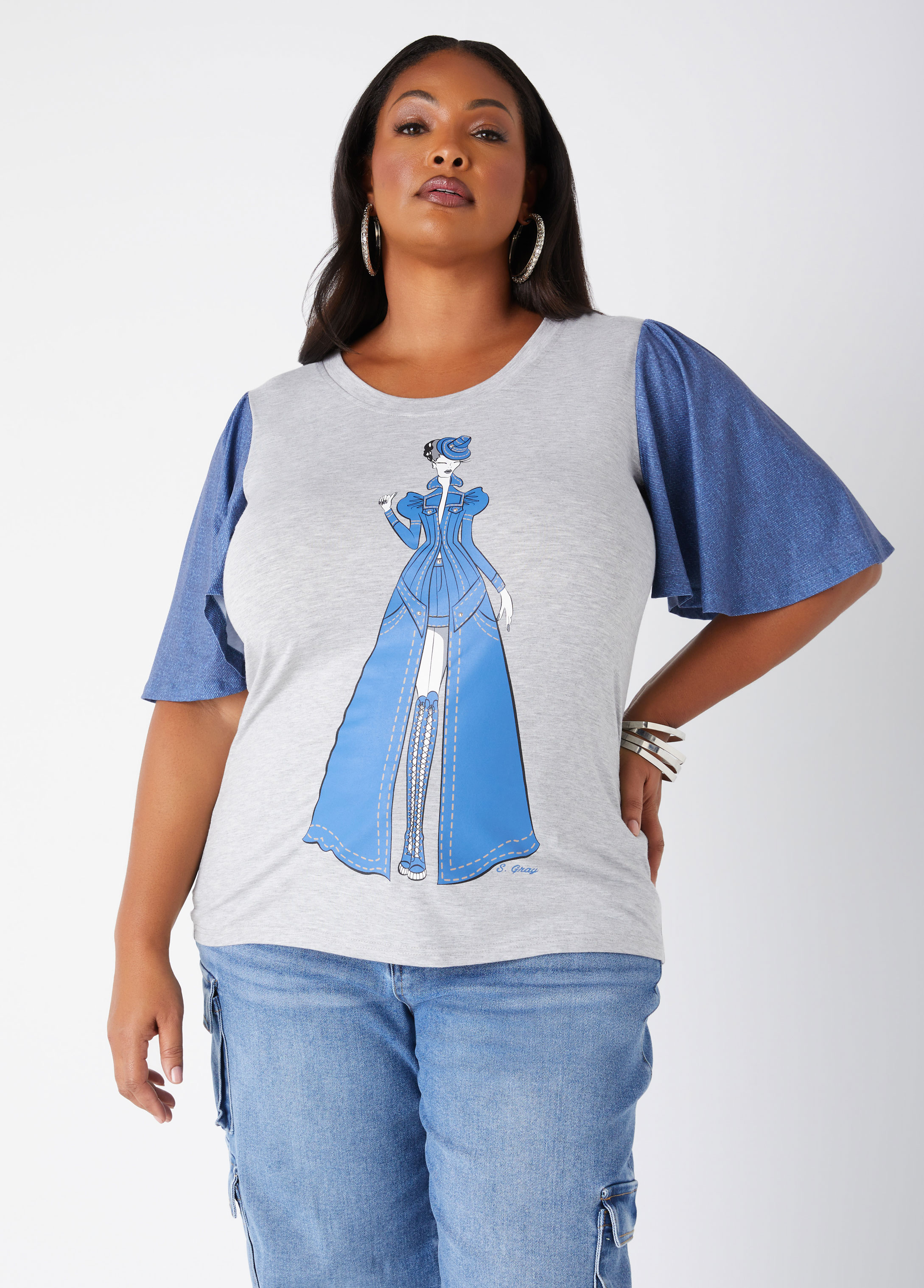 Plus Size Sheila Gray Embellished Graphic Tee, WHITE, 14/16 - Ashley Stewart