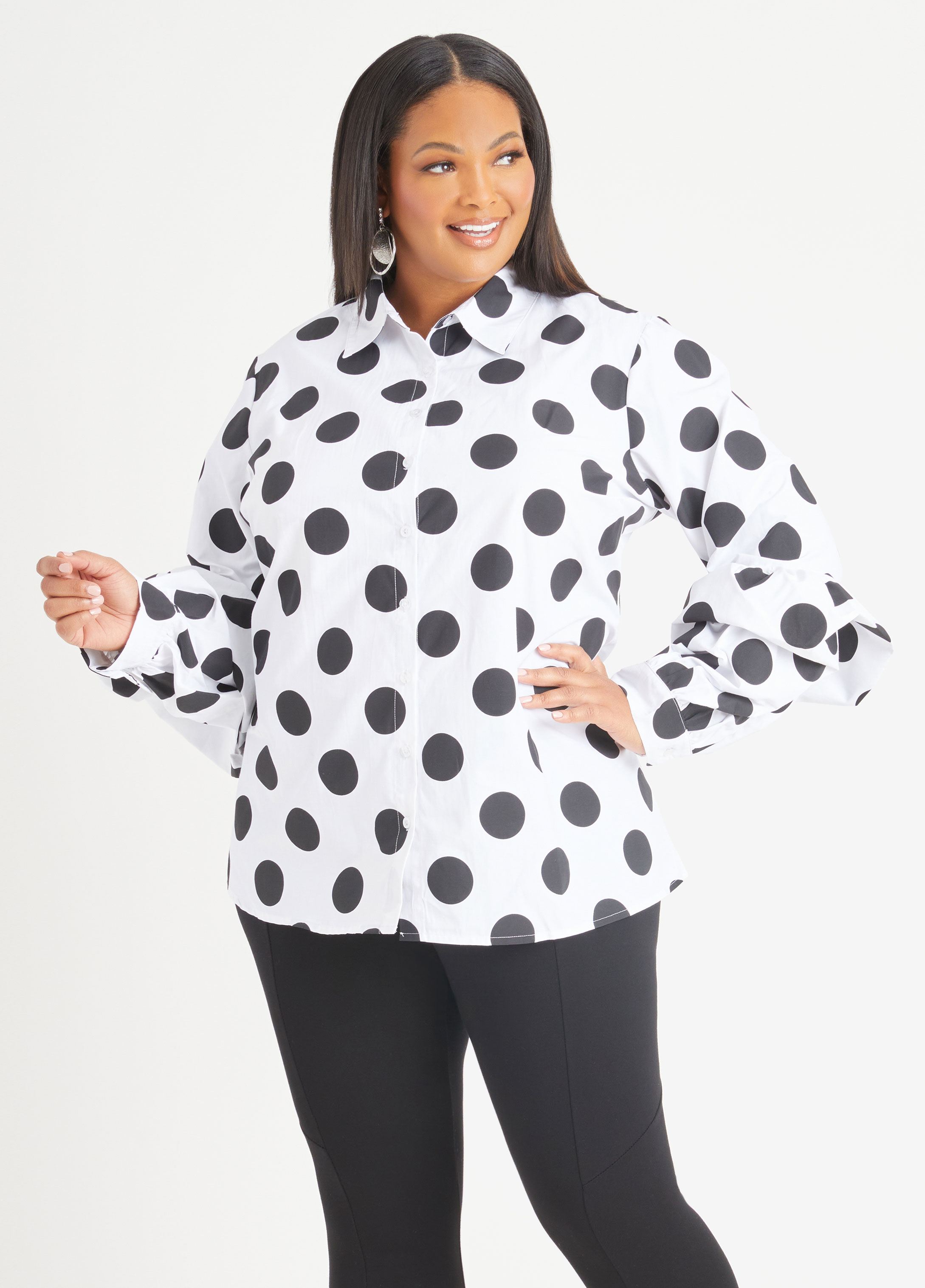 Plus Size Rosette Flocked Polka Dot Blouse, White, 18/20 - Ashley Stewart