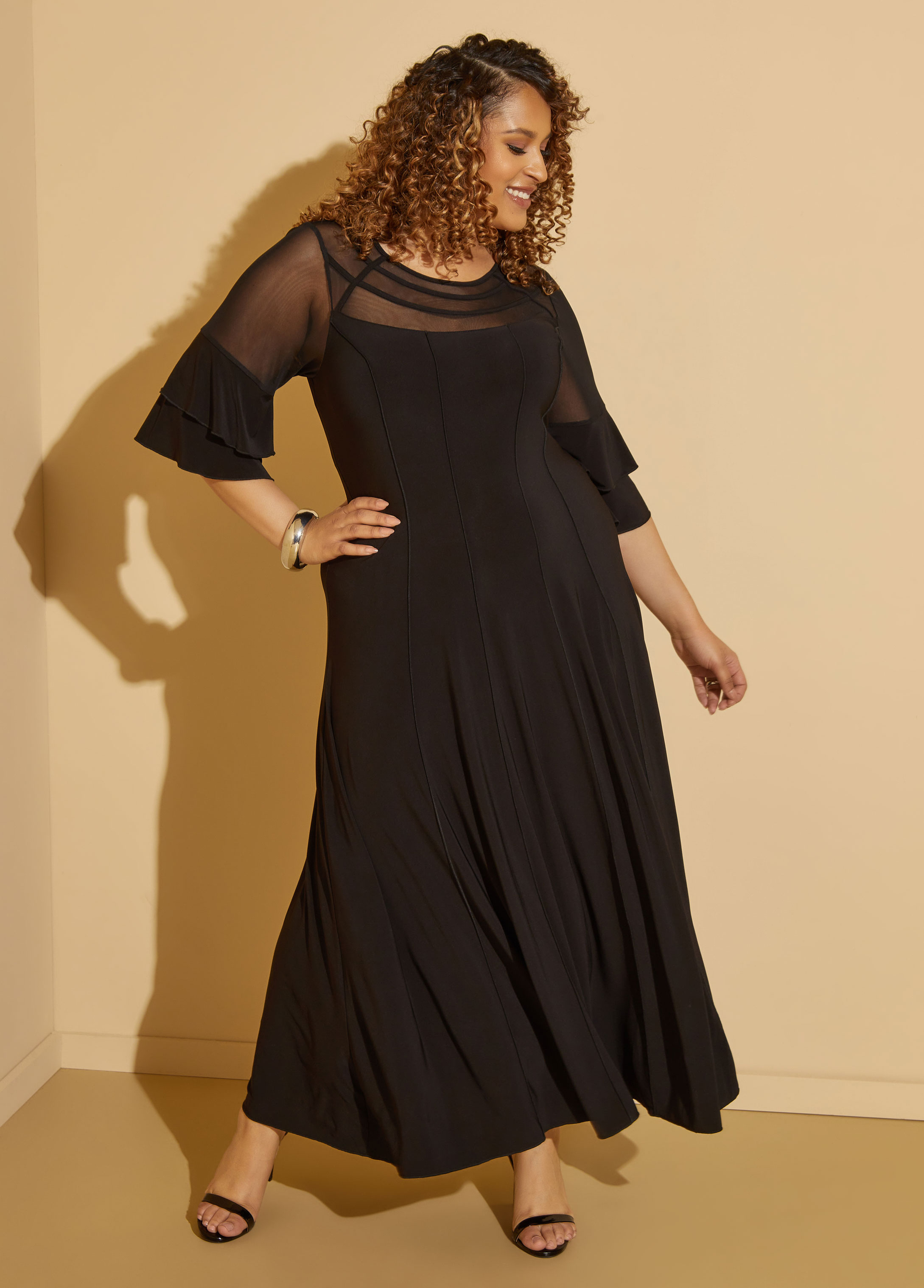 Plus Size Mesh Paneled Maxi Dress, BLACK, 34/36 - Ashley Stewart