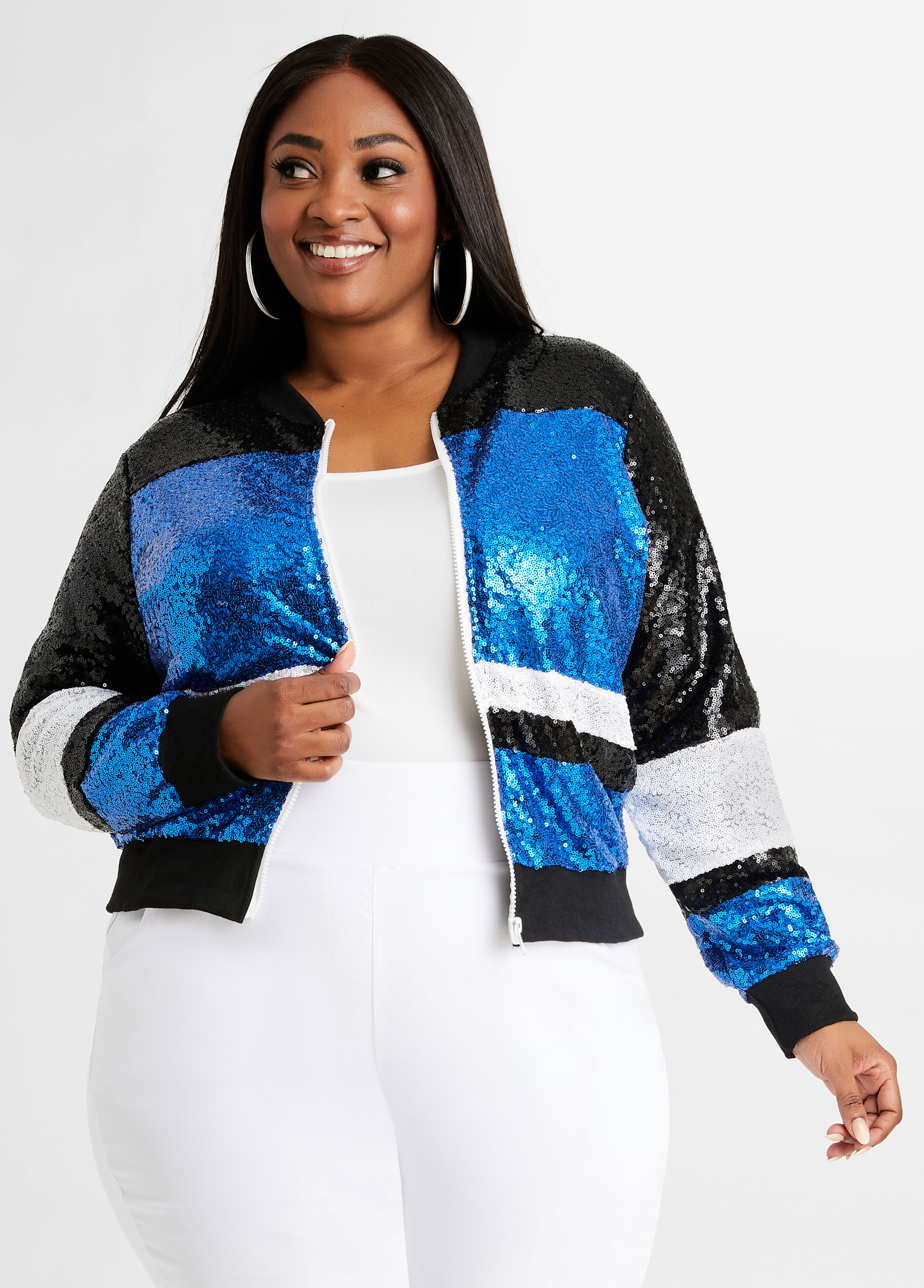 Black sequin bomber 2024 jacket plus size