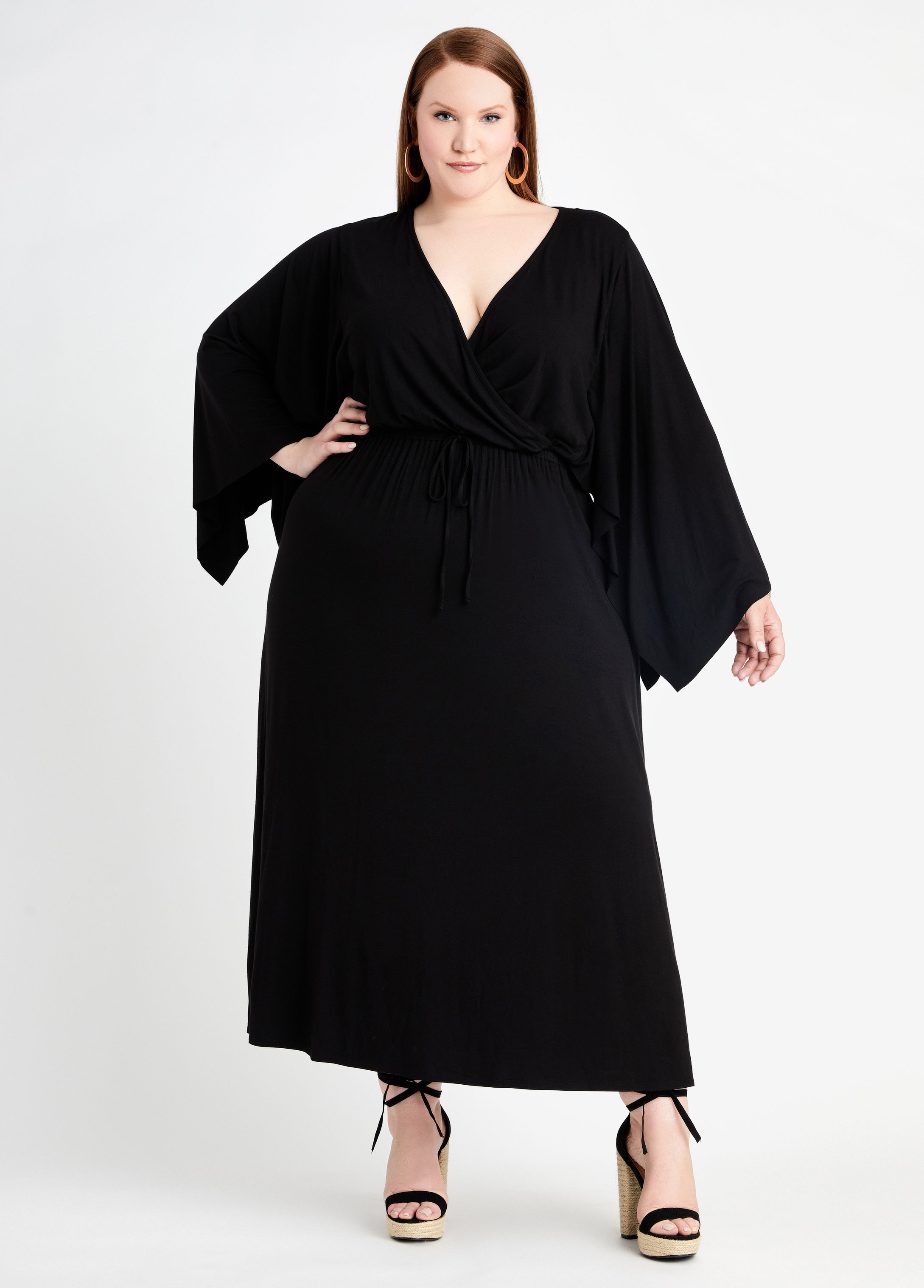 Plus Size Black Kimono Wrap Belted Knit Maxi Summer Vacation Dress