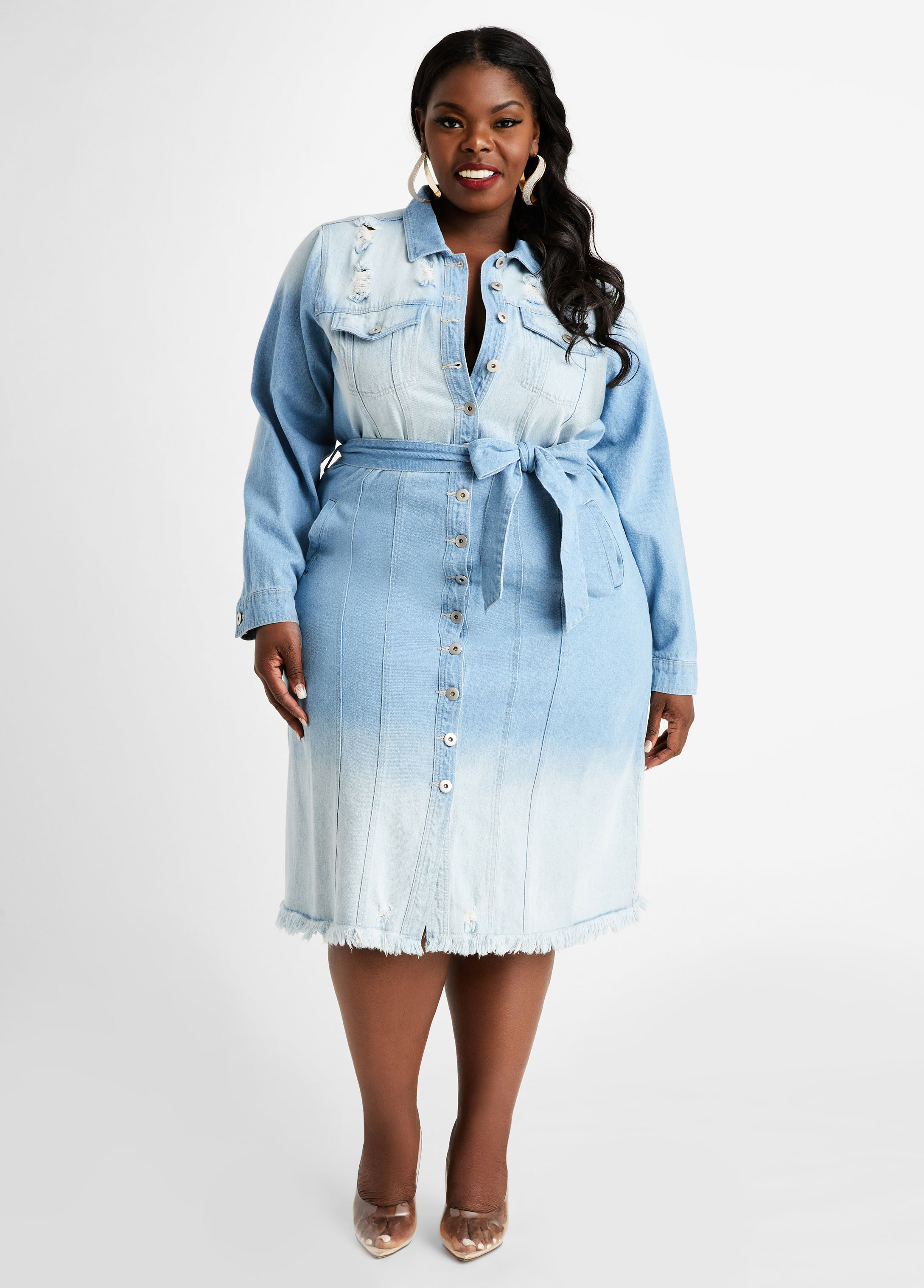 Plus Size Trendy Belted Distress Denim Stretch Sexy Jean Shirt Dress