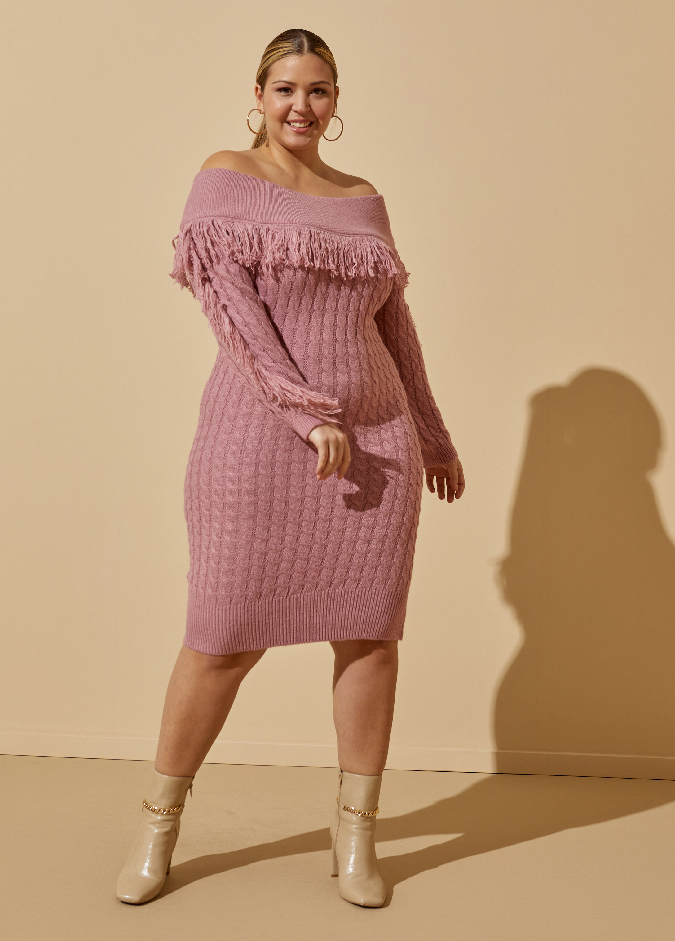 Plus Size Fringed Sweater Dress, PINK, 22/24 - Ashley Stewart