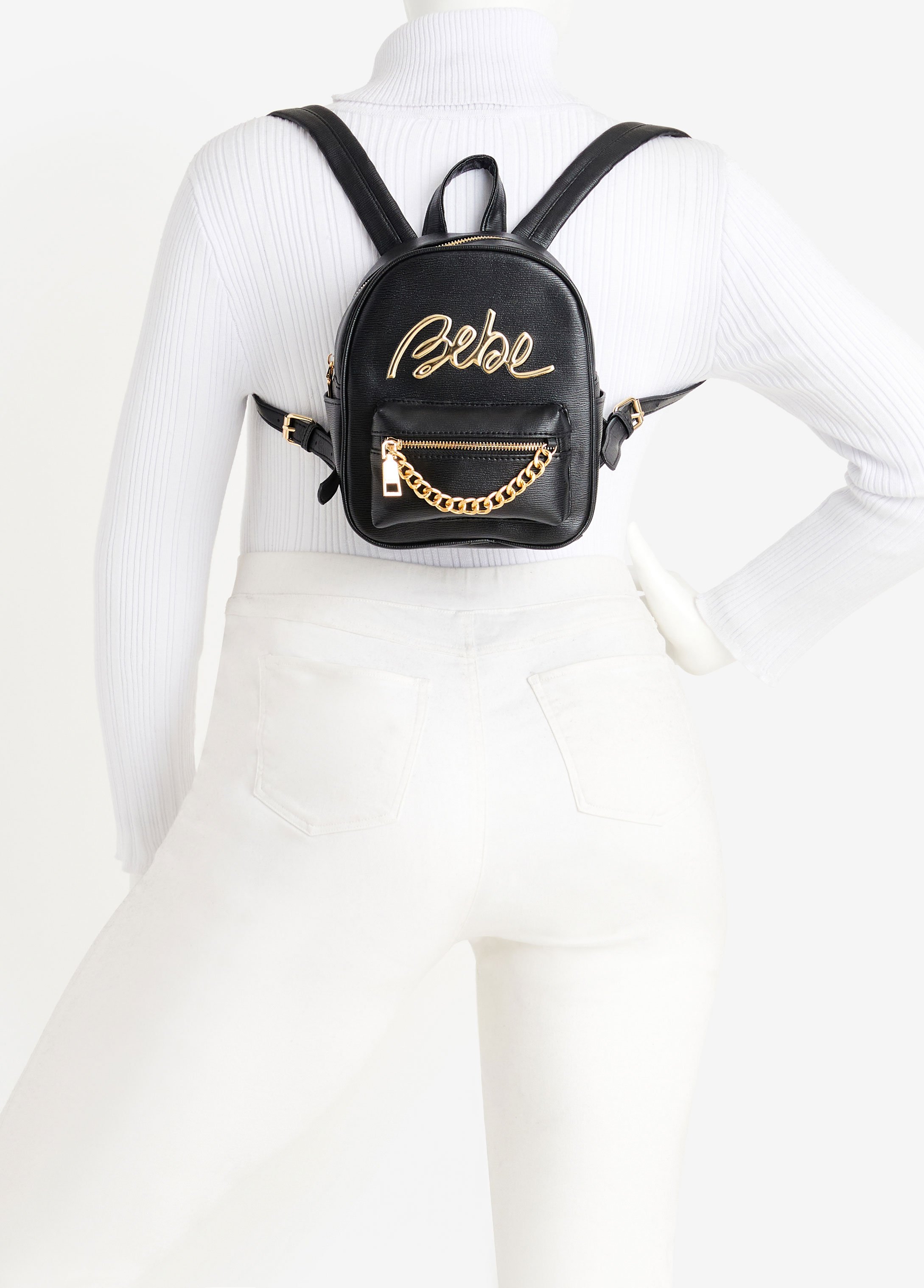 Trendy Designer Bebe Maxine Chic Faux Leather Logo Backpack