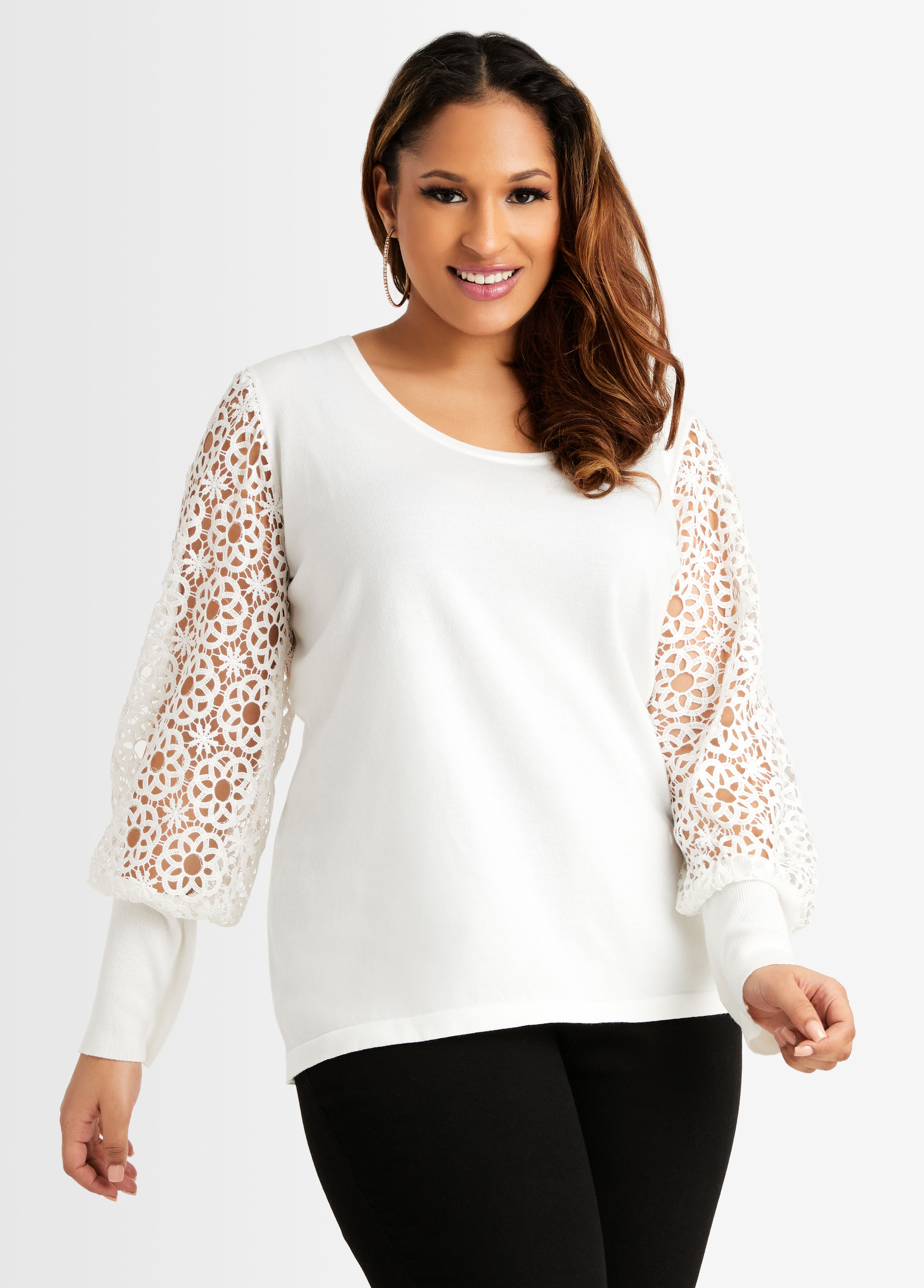 Plus Size Crochet Lace Puff Sleeve Cozy Chic Ribbed Sexy Knit Sweater